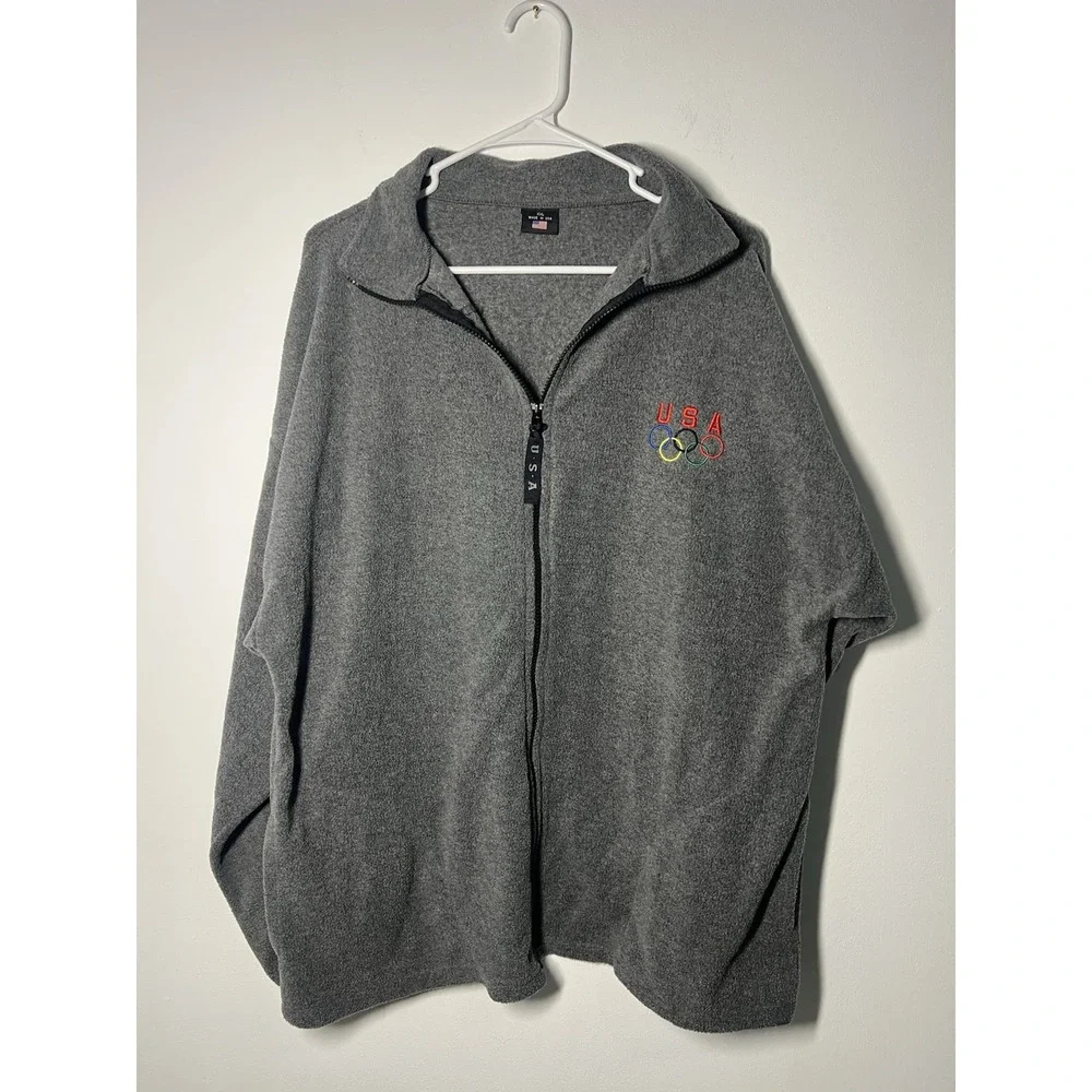 Team USA Olympic Full Zip Embroidered Grey Fleece Jacket Sz XXL Made In USA